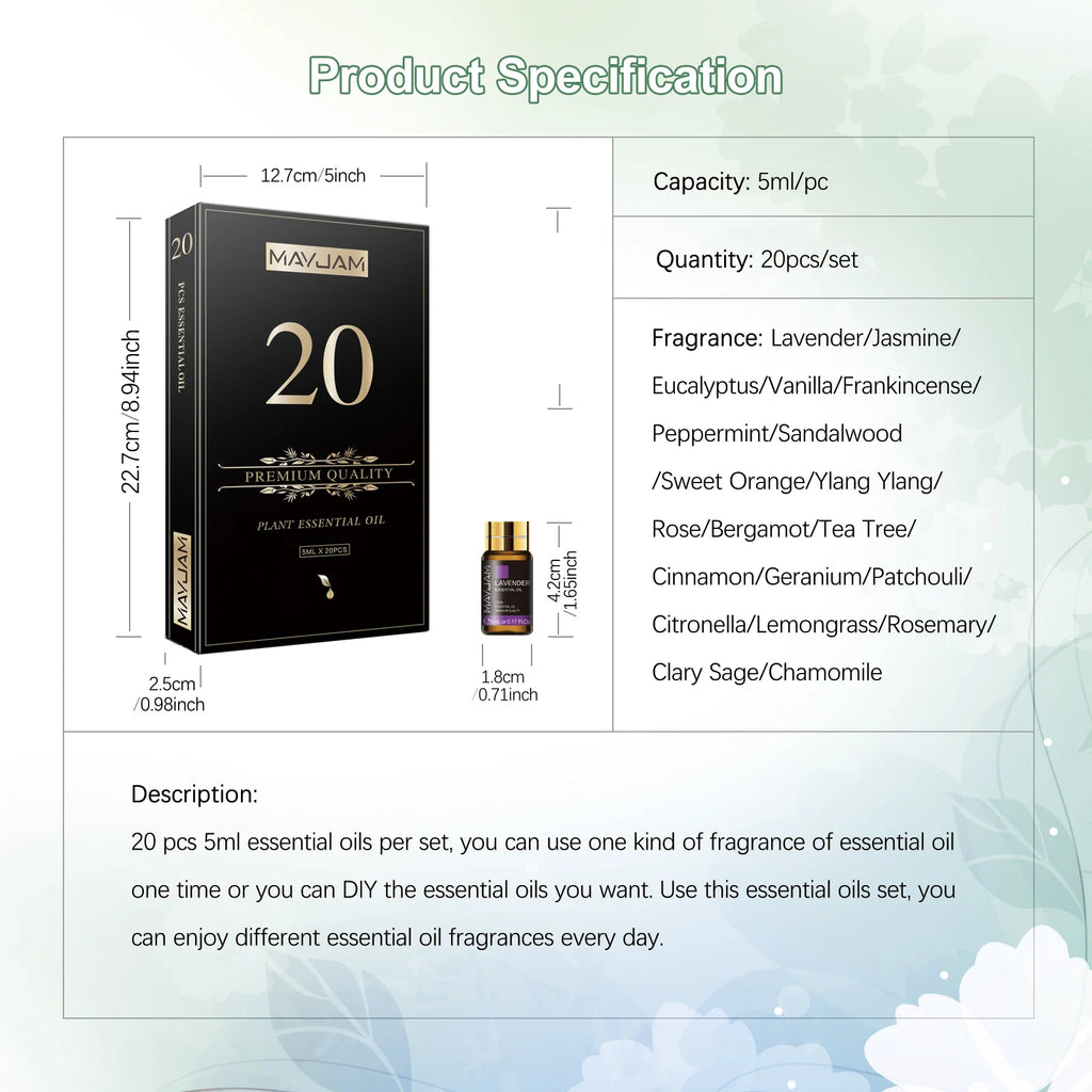 20 Bottles Essential Oils ,Lavender, Jasmine ,Eucalyptus ,Vanilla ,Sandalwood S,weet Orange and Geranium Patchouli