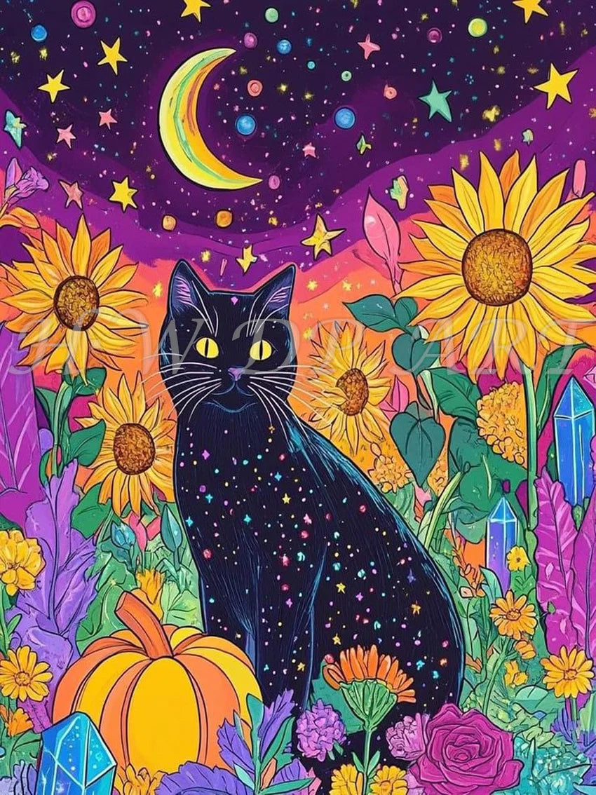 100% Fairy Dust Diamond Painting Kits Black Cat Square Diamond Embroidery
