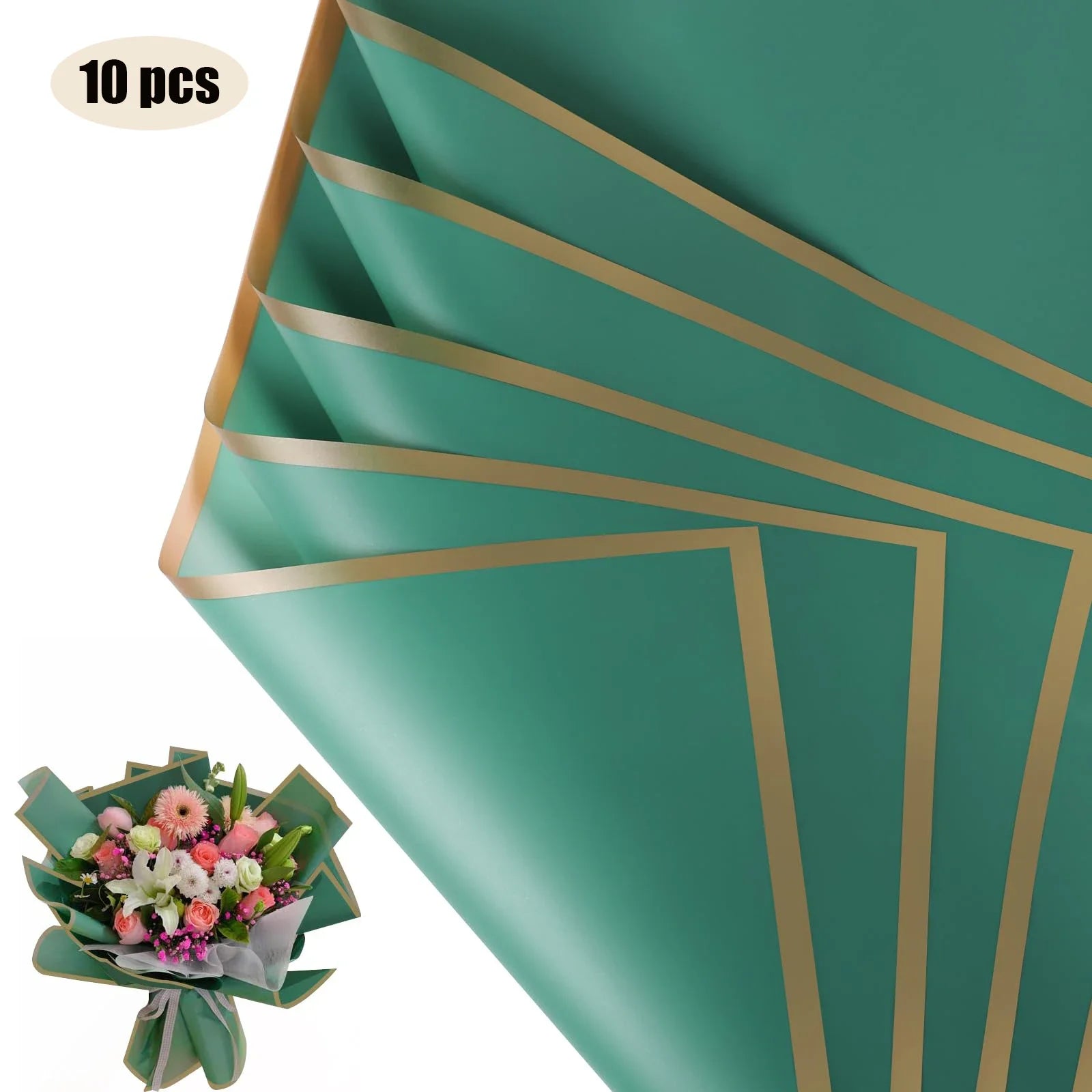 10 Sheets Flower Wrapping Paper with Golden Edges, Waterproof.