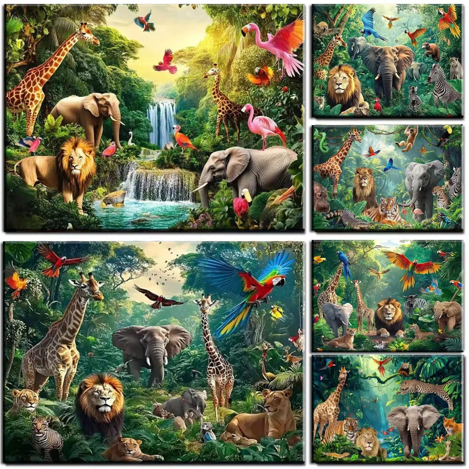 Jungle Forest Paradise Large Size, 5D Elephant Lion Giraffe Diamond Painting, Embroidery.