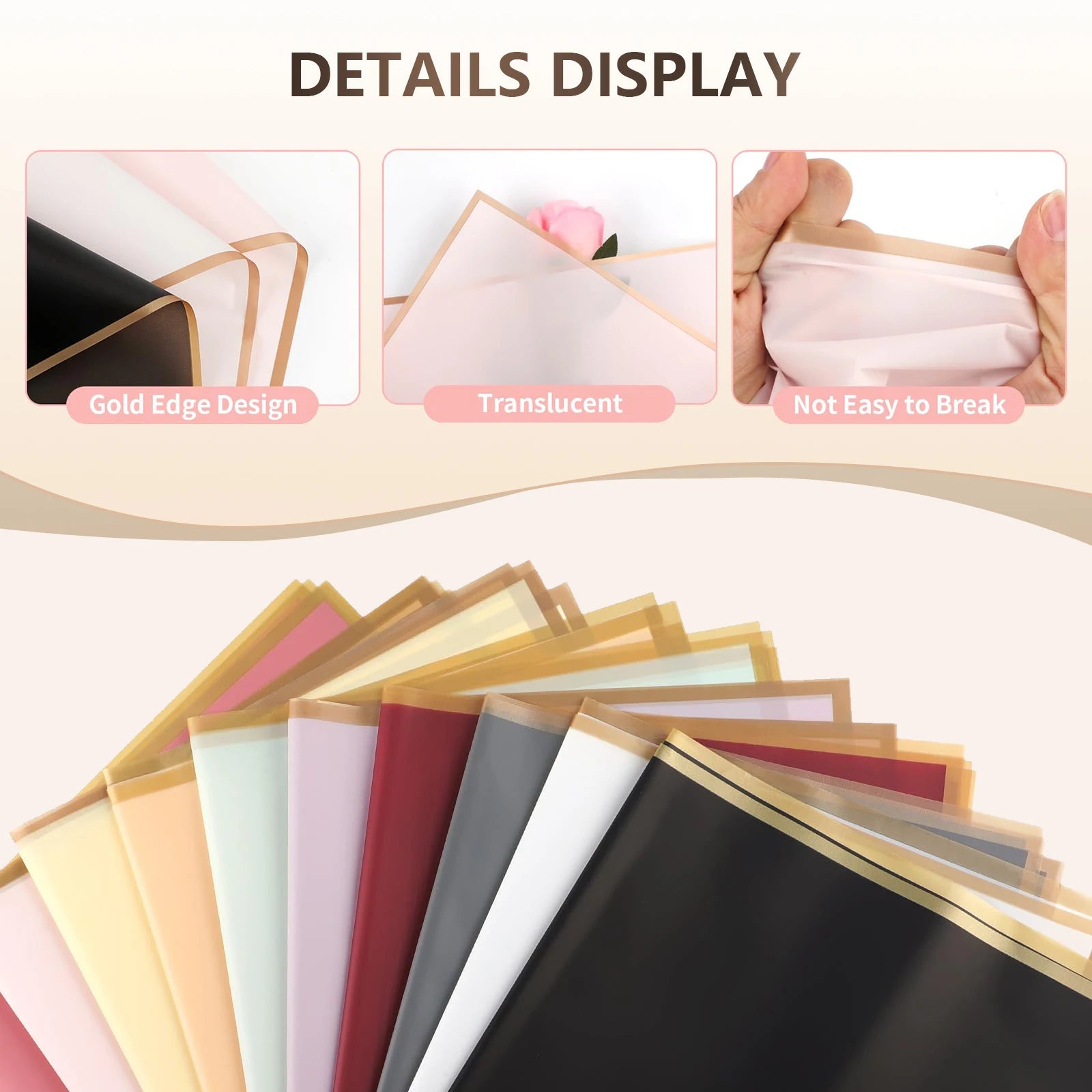 10 Sheets Flower Wrapping Paper with Golden Edges, Waterproof.