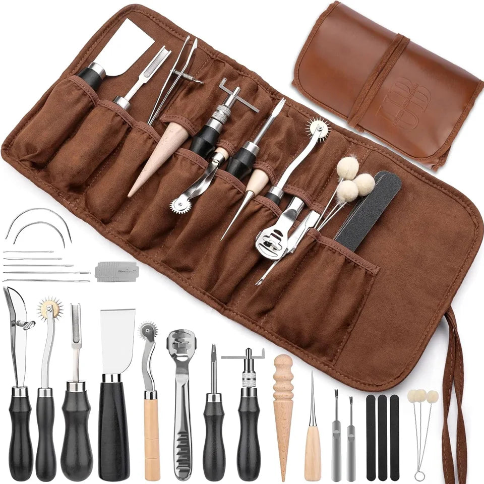 Leather Craft Tools Kit with Awl Stitching Punch Hole Sewing Needles for Leathercraft