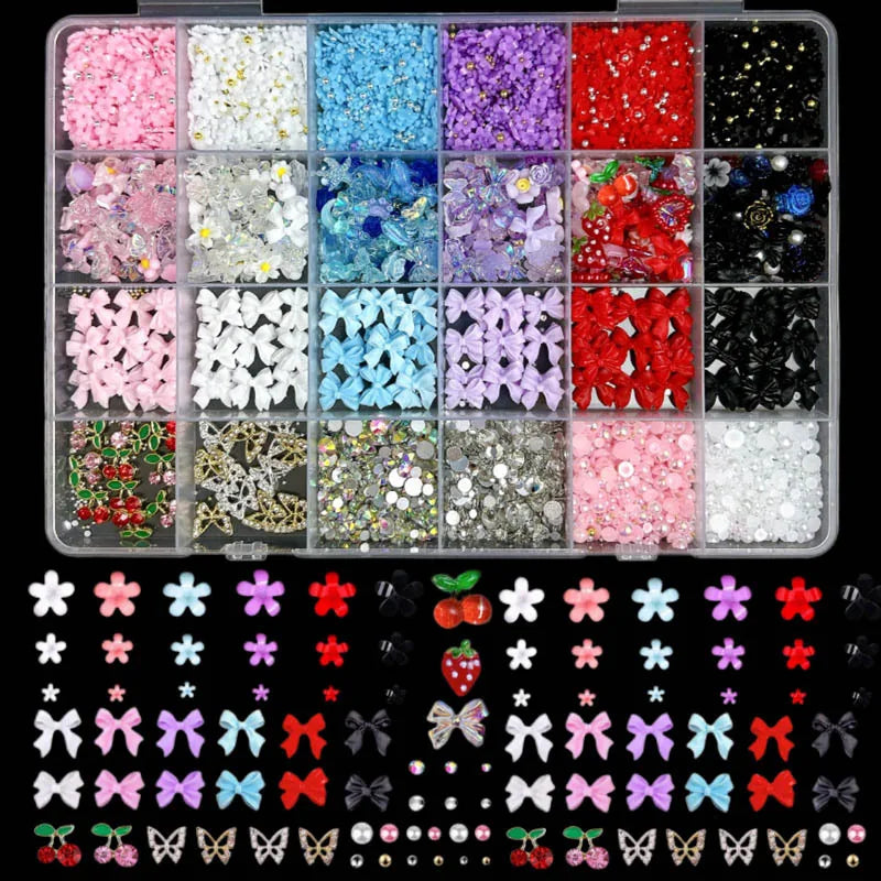 Mixed Nail Art Charms Set with Ribbons, Bows, Flowers, Cherry, Strawberry & Metal Butterflies - DIY Nail Decorations Accessories