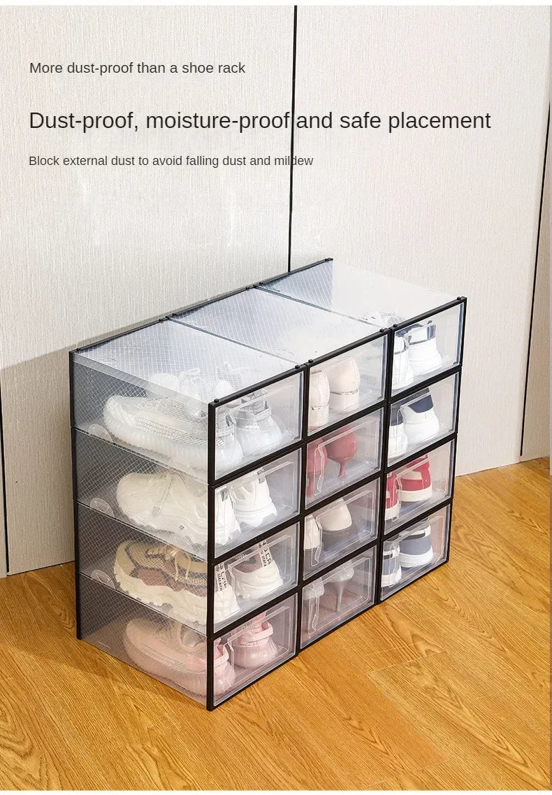 Foldable Clear Plastic Storage Box with Flip Cover Drawer Thick Space Saving Organizer Rack for Shoes Closet Cabinet Bedroom