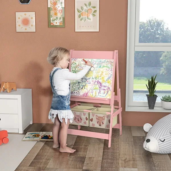 Qaba Art Easel for Kids with Paper Roll, Blackboard, Whiteboard, Storage, Pink