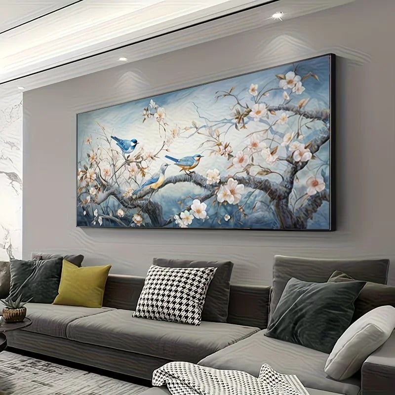 White Flowers Birds Branch Tree Landscape DIY Diamond Painting Round Crystal Art for Home Decor.