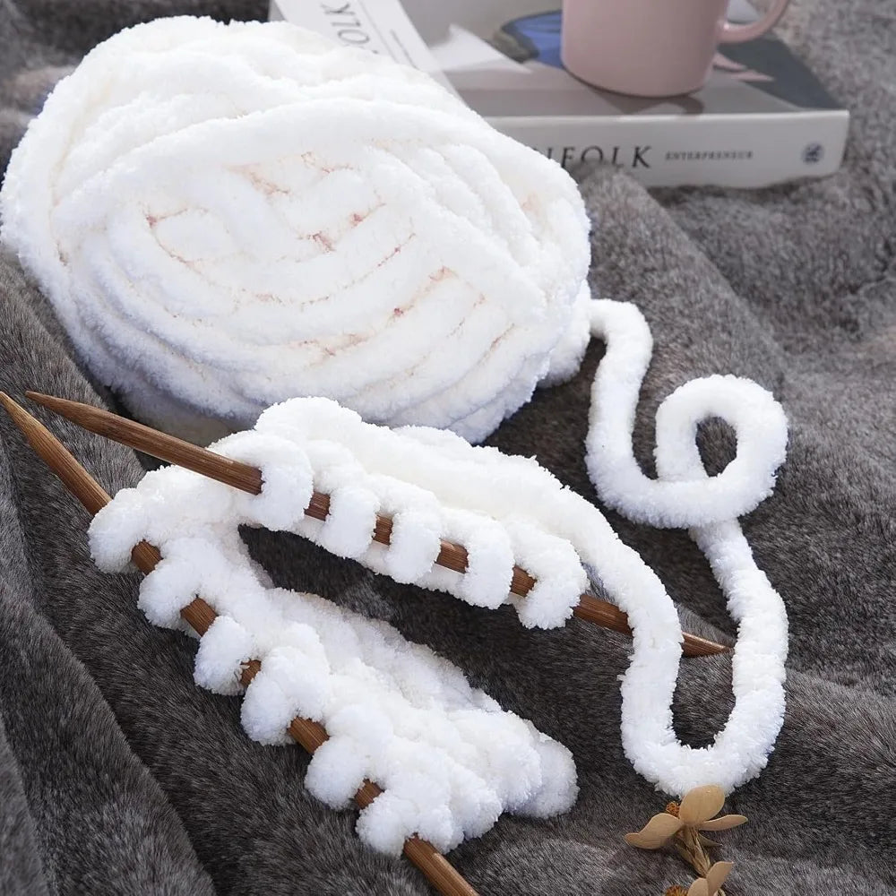 Super Bulky White Chenille Yarn for Crocheting and Knitting, Thick Fluffy Yarn for Handmade Knitted Blankets, Soft and Cozy