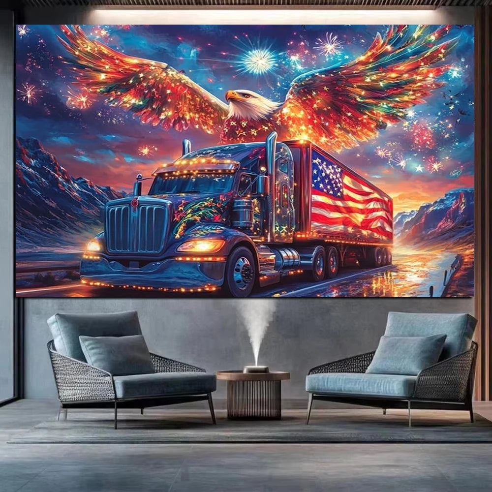 Colorful Truck American Flag Eagle, New 2026 Large Size Full Diamond Painting Embroidery.