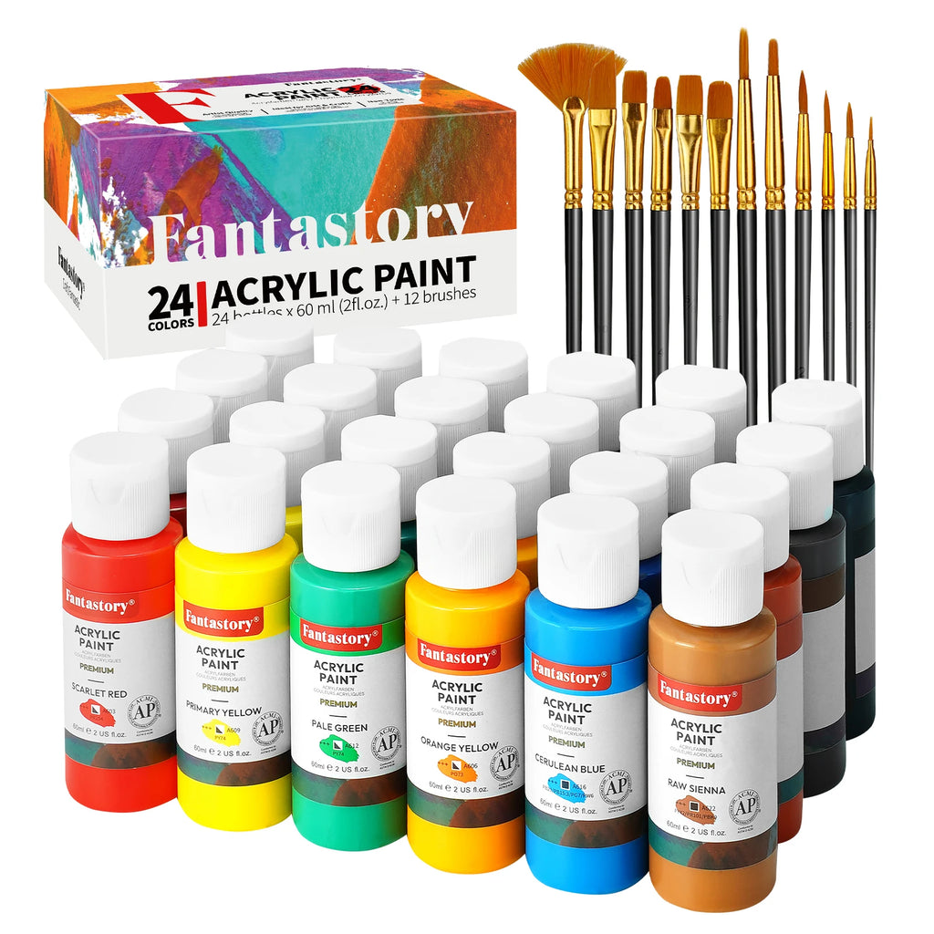 Fantastory Acrylic Paint Set - 24 Colors + 12 Professional Brushes,