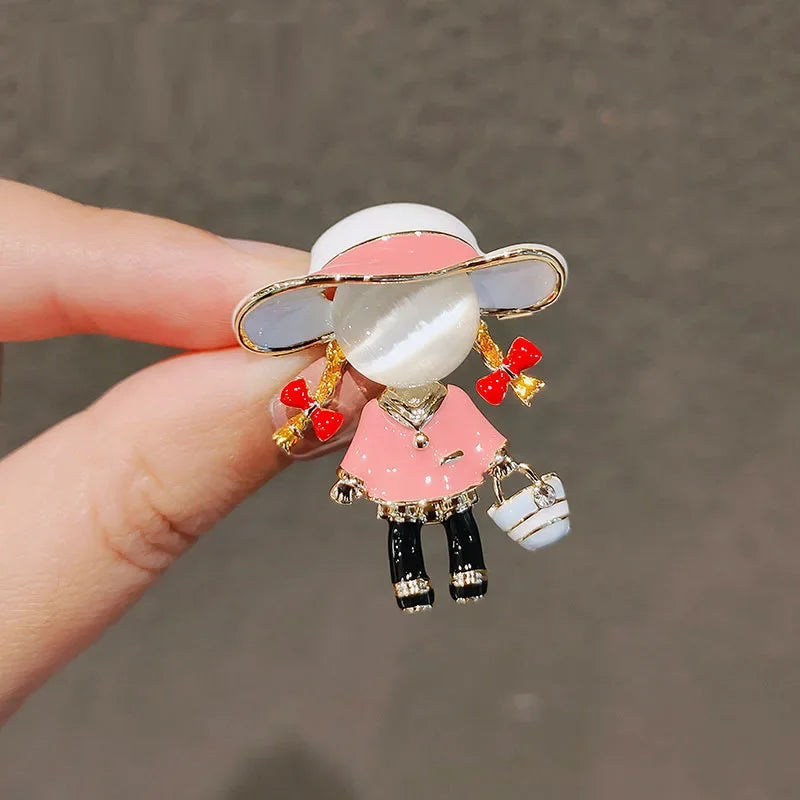 Small Cute Little Girl In Black Dress Nurse Brooches Rhinestone Crystal Brooch Pin Drop Oil Corsage Clothing Coat Jewelry