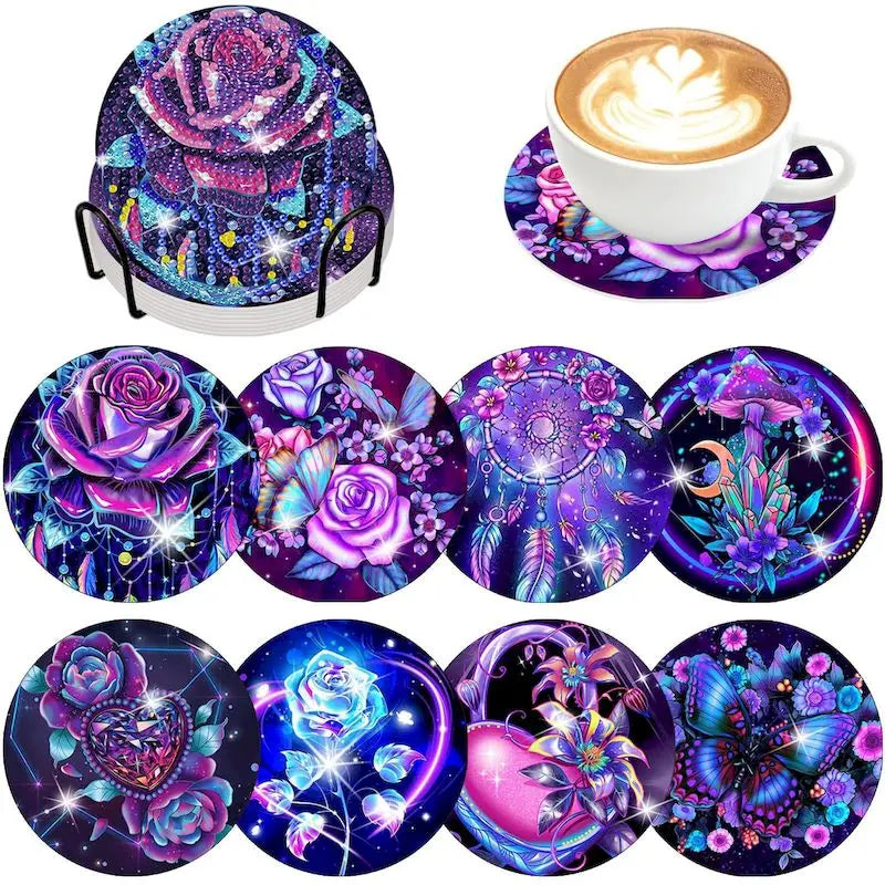 8pc/Sets DIY Diamond Art Coaster Kits for Adults, Kids and Beginners.