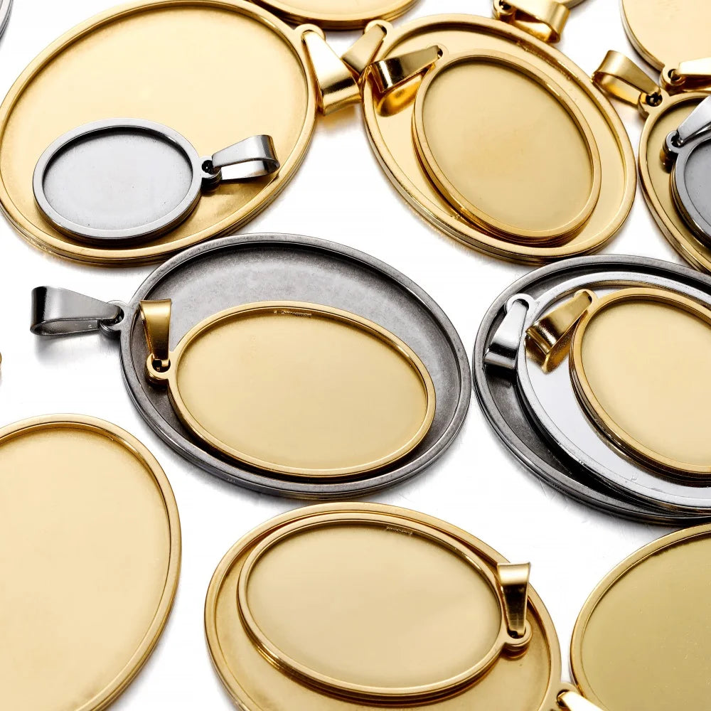 5pcs Stainless Steel Oval Pendant Cabochon Base Setting Tray Blank