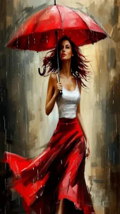 Romantic Rainy Night diamond painting Art Elegant woman Umbrella Street Scene.