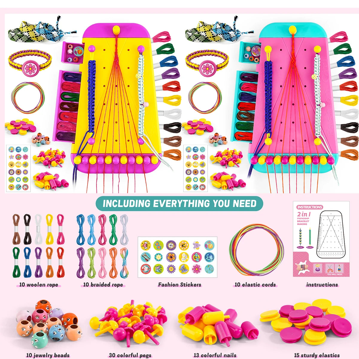 Girl's Bracelet Crafting Kit, Rainbow Rubber Band Loom Set, DIY Birthday Gift
