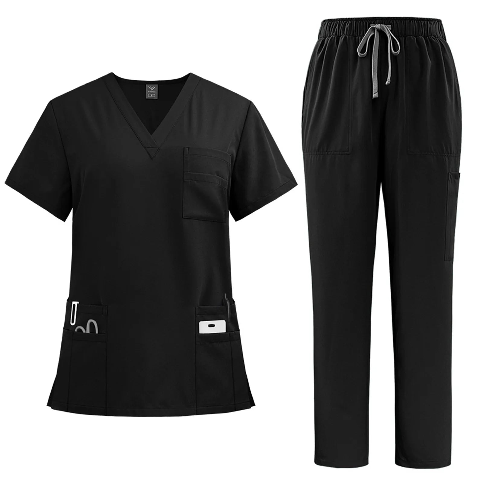 Women's solid color nurse uniform quick-drying fabric v-neck short-sleeved trousers suit multi-pocket nursing uniform suit