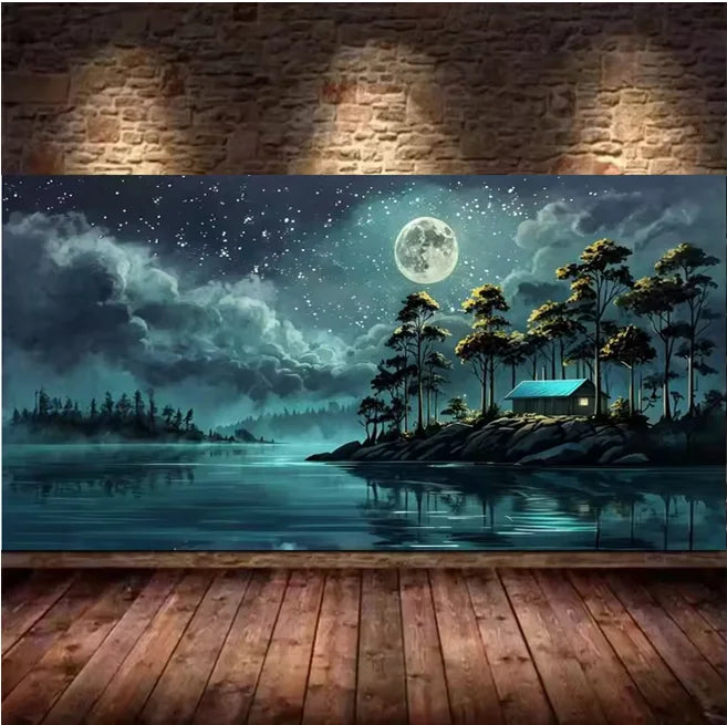 Moon Lake Scenery Large Size 5D DIY Diamond Painting Sea Trees Landscape Cross Stitch.