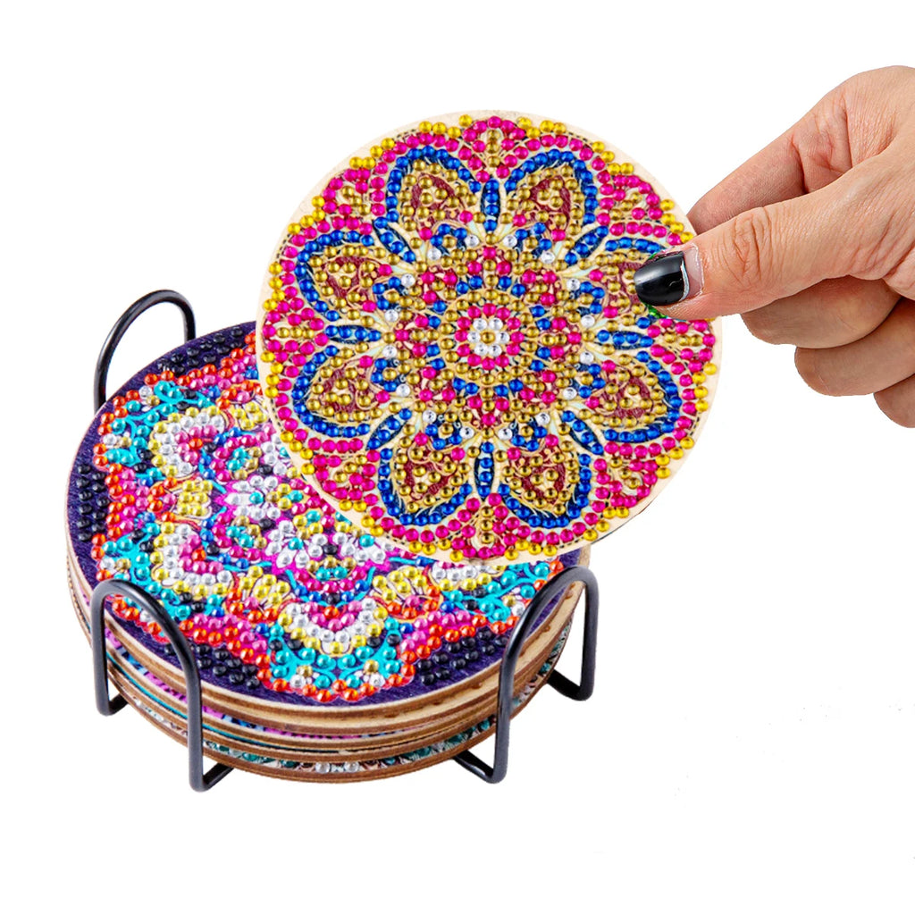 8pcs/Set DIY Diamond Painting Coasters Flowers wood For Drinks Crystal Rhinestones Diamond Art Coasters With Holder