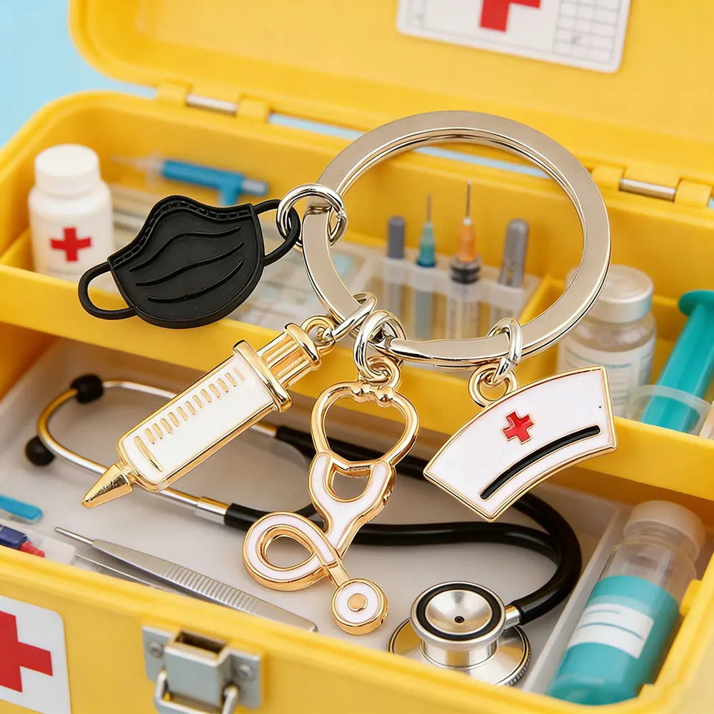 1Pc Nurse Theme Mask Keyring,Stethoscope Syringe Medical Bag Purse Charm