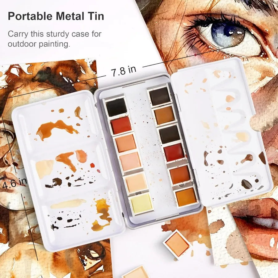 Skin Tone Watercolor Paint Set with 12, in Half Pans Palette