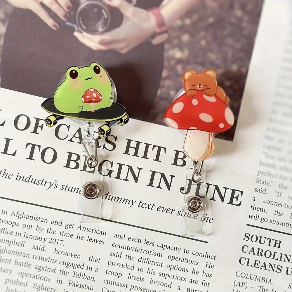Frog & Mushroom Badge Reel. Cute retractable ID clip for nurses, doctors & office workers.