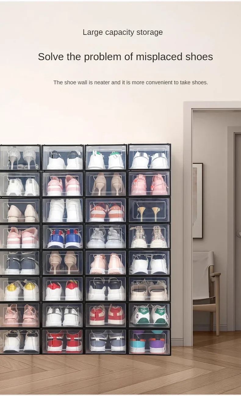 Foldable Clear Plastic Storage Box with Flip Cover Drawer Thick Space Saving Organizer Rack for Shoes Closet Cabinet Bedroom