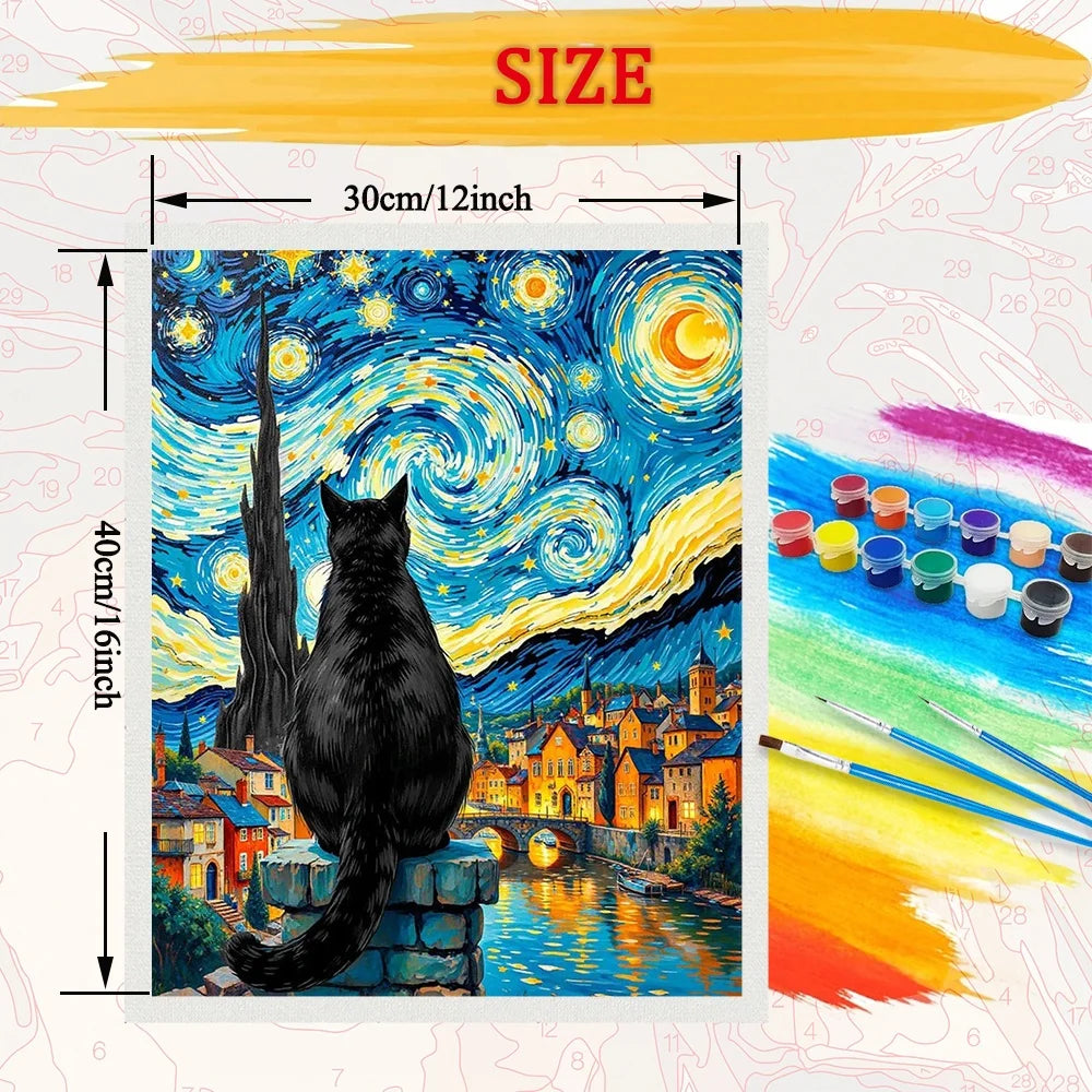 Cat in Van Gogh Starry Night Diy Art Paint By Numbers For Adult