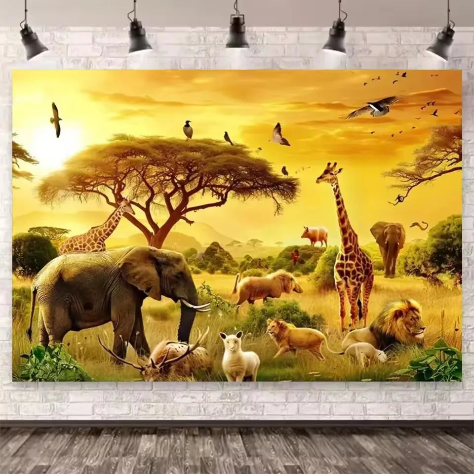 Jungle Forest Paradise Large Size, 5D Elephant Lion Giraffe Diamond Painting, Embroidery.