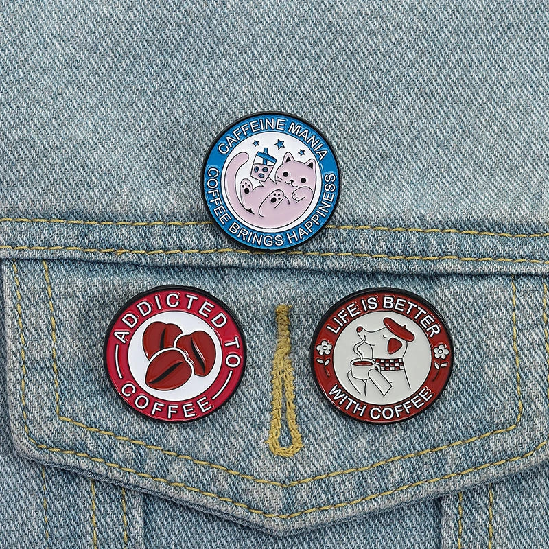 Coffee Brings Happiness Enamel Pin Kittens Puppies And Coffee Beans Brooch Lapel Metallic Pins Badge Jewelry Accessory
