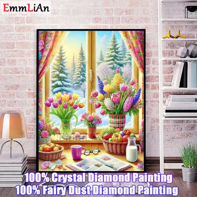 100% Full Fairy Dust Drill Diamond Painting Window Landscape 5D DIY Crystal Diamond Mosaic Art Flower in Vase Bedroom Decor Gift