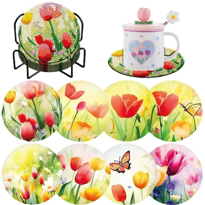 8pc/Sets DIY Diamond Art Coaster Kits for Adults, Kids and Beginners.