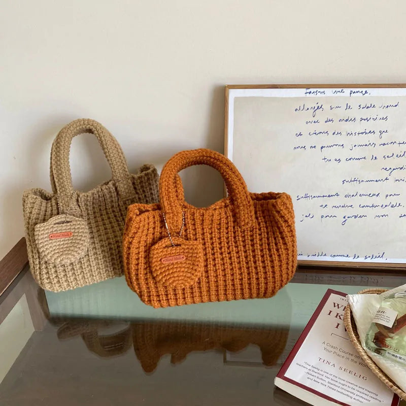 Crochet Bags Shoulder Bag Solid Color Woolen Knitted Handbag For Women