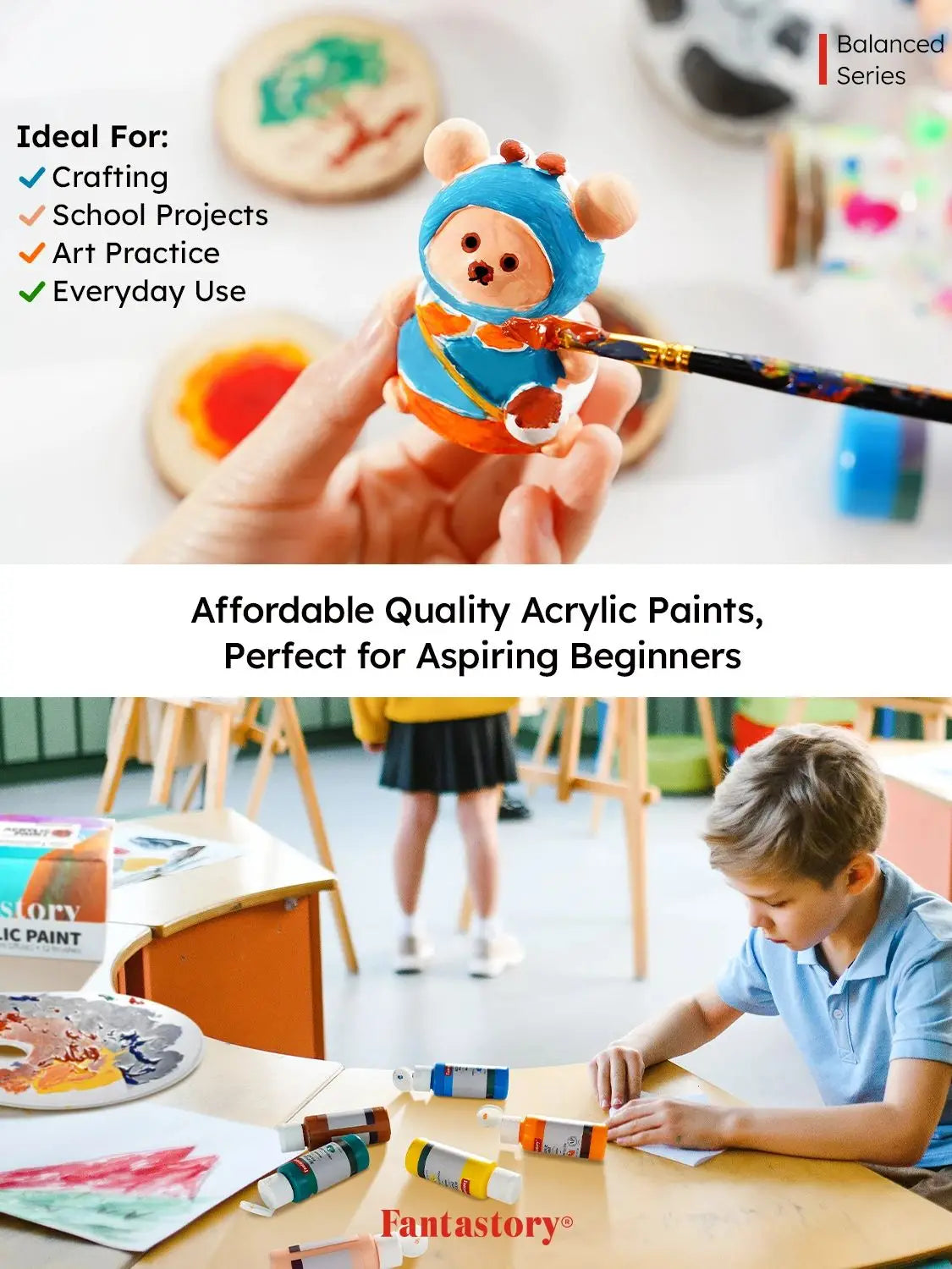 Fantastory Acrylic Paint Set - 24 Colors + 12 Professional Brushes,