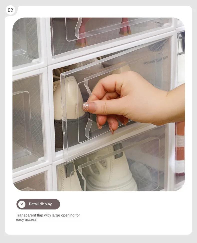 Foldable Clear Plastic Storage Box with Flip Cover Drawer Thick Space Saving Organizer Rack for Shoes Closet Cabinet Bedroom