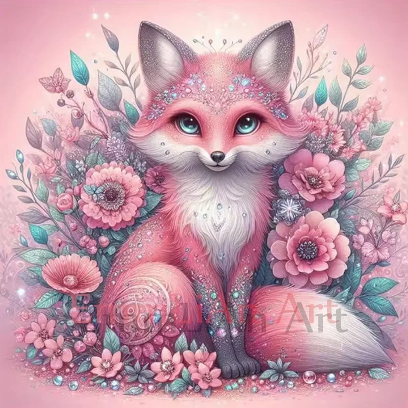 Pink Fox Full Crystal Diamond Embroidery. Animal Fairy Dust Drill Diamond Painting Cross Stitch Kits