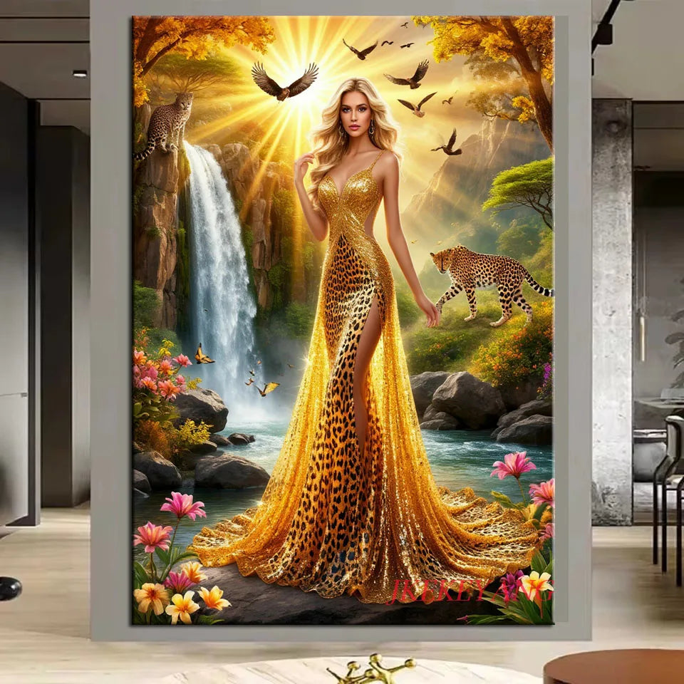 5D Diy Diamond Embroidery Beautiful Woman and Animals Picture Diamond Painting