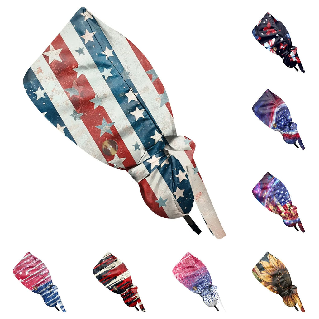 Fashion Independence Day Printed Nurse Hat Casual Women's Ponytail Hats Baotou Hat Dustproof Hat Nursing Work Hats
