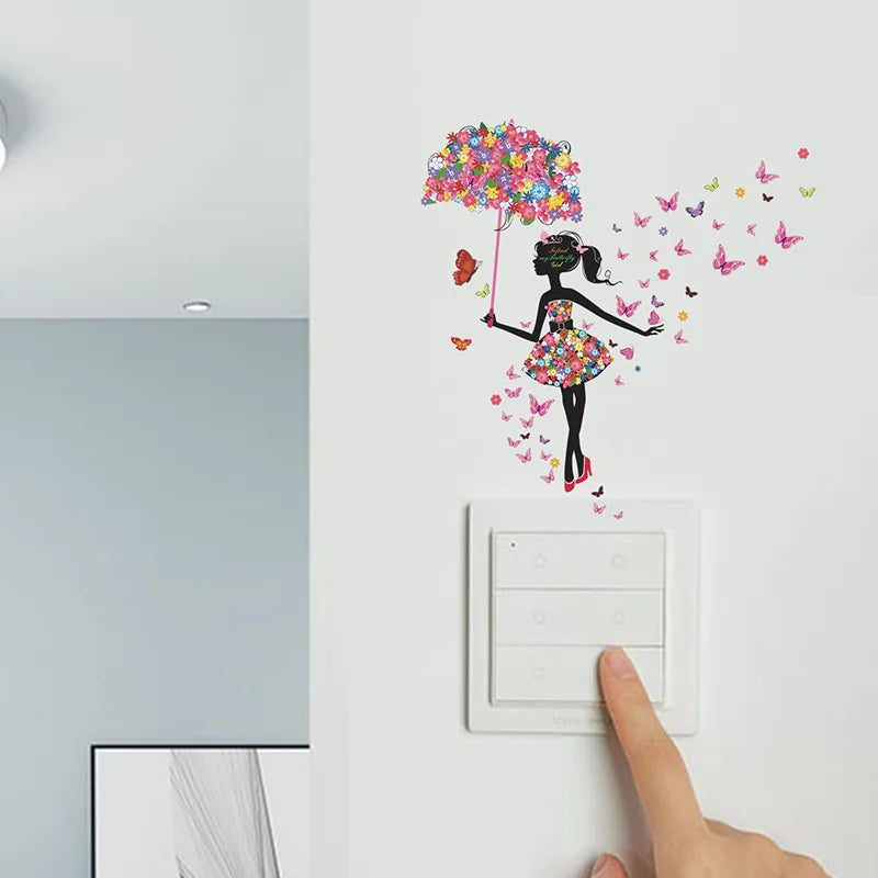 wall stickers switch Butterfly girl children's room, mural Self-adhesive Wall Decals
