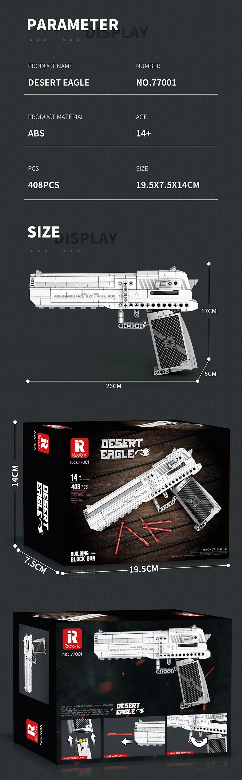 Realistic Pistol Model with Detachable Magazine & Firing Function, DIY Toy Gift