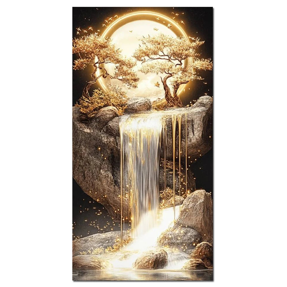 New Arrivals 5D Diamond Painting Art Golden Waterfall Tree Moon Landscape.