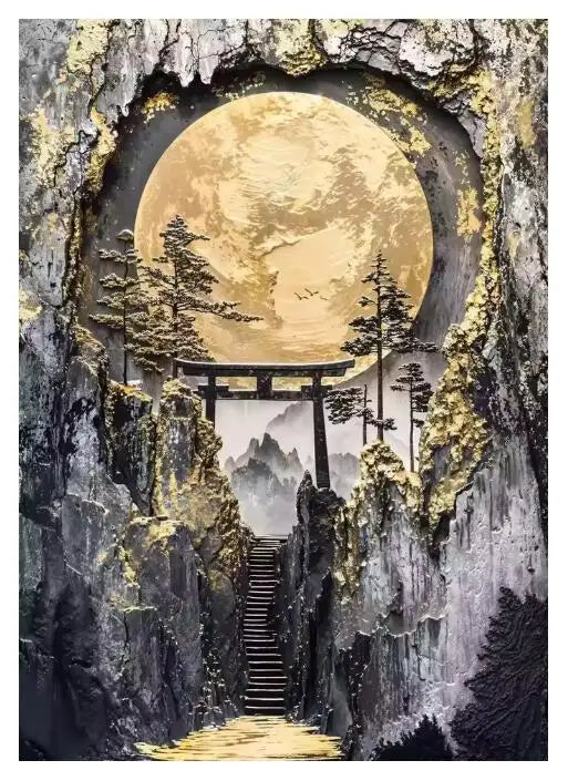 5D Diamond Painting Abstract Golden Tree Sailing Moon Decor Cross Stitch Kits