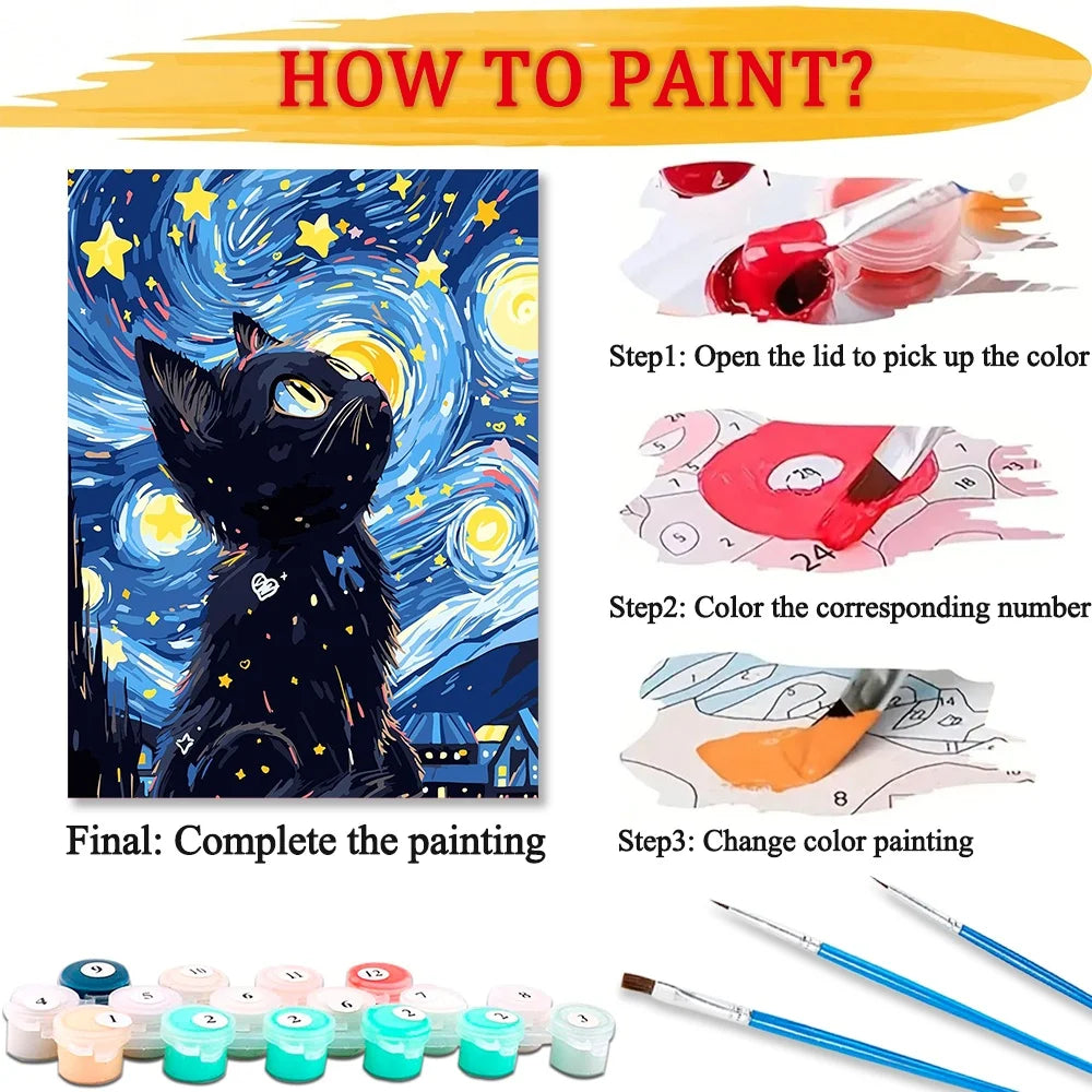 Cat in Van Gogh Starry Night Diy Art Paint By Numbers