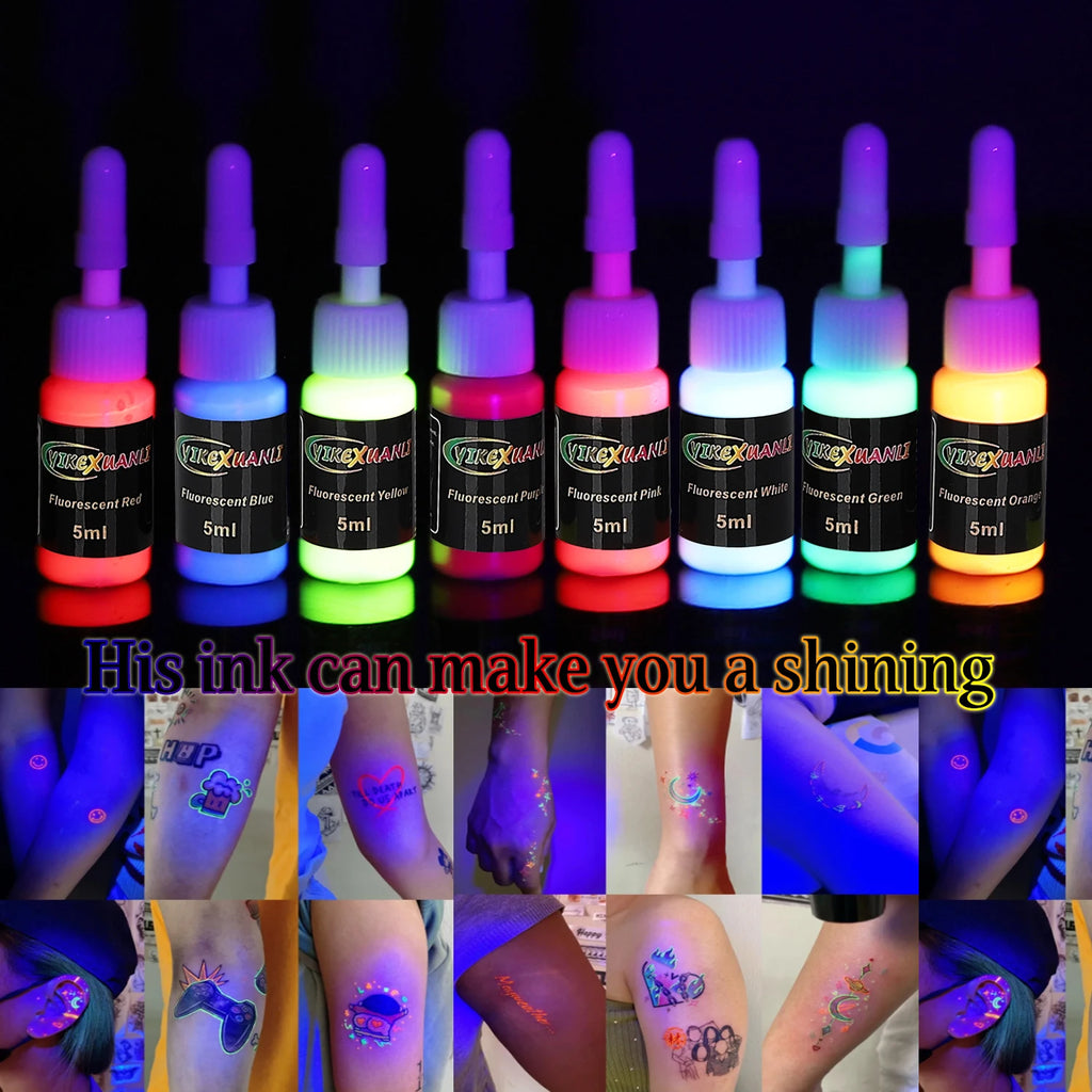 Fluorescent Tattoo Ink Kit Safe Non-toxic, Stylish Body Art That Glows