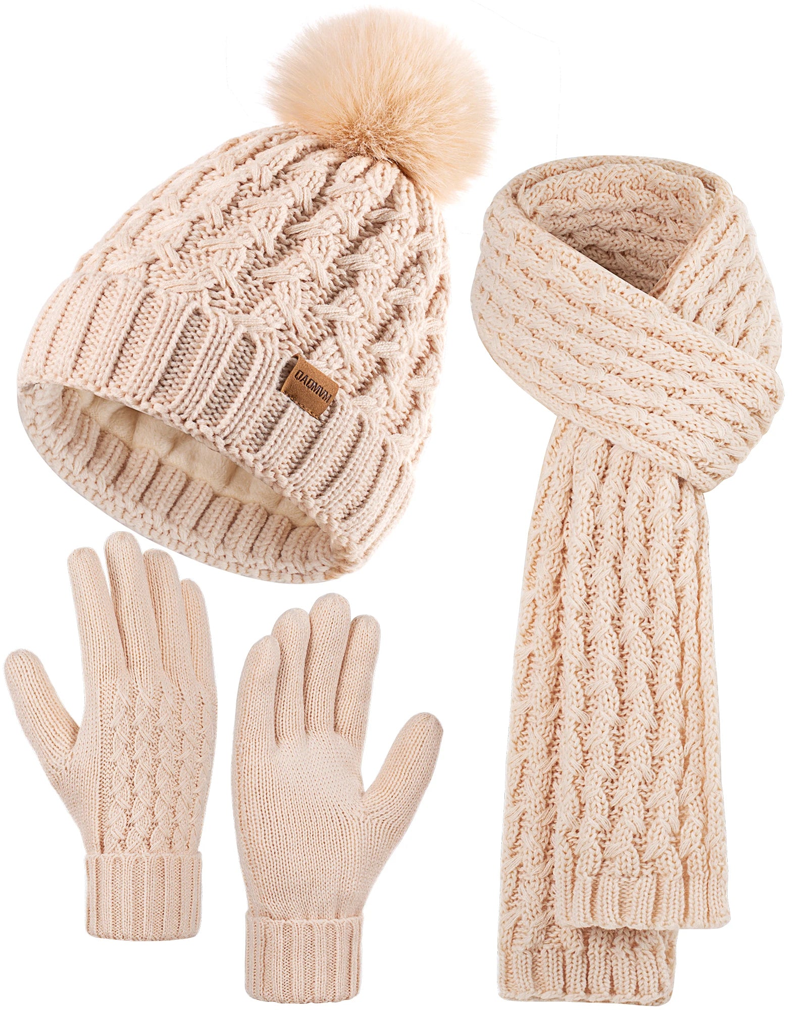 Womens Winter Beanie Hat Touchscreen Gloves Long Neck Scarf Set