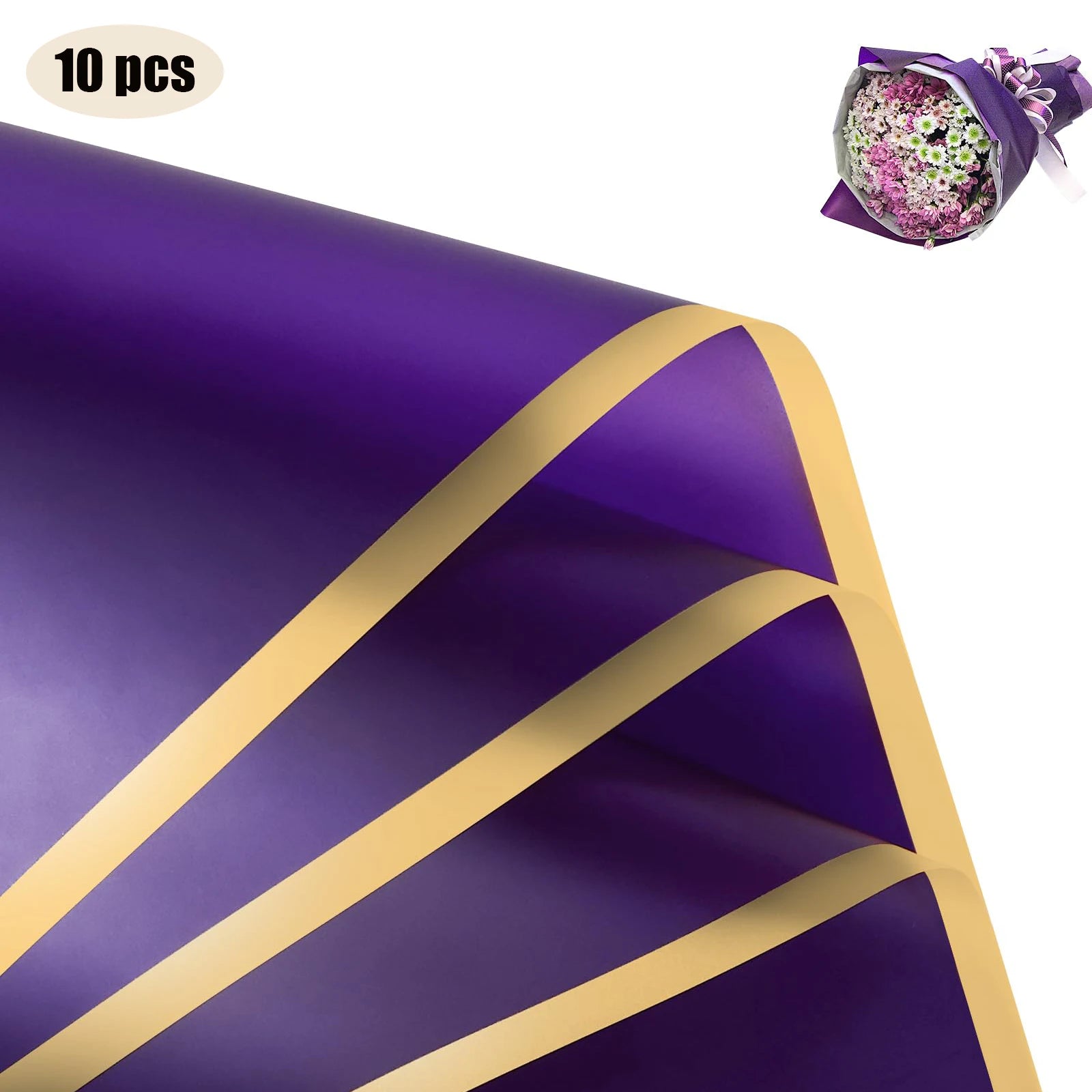 10 Sheets Flower Wrapping Paper with Golden Edges, Waterproof.