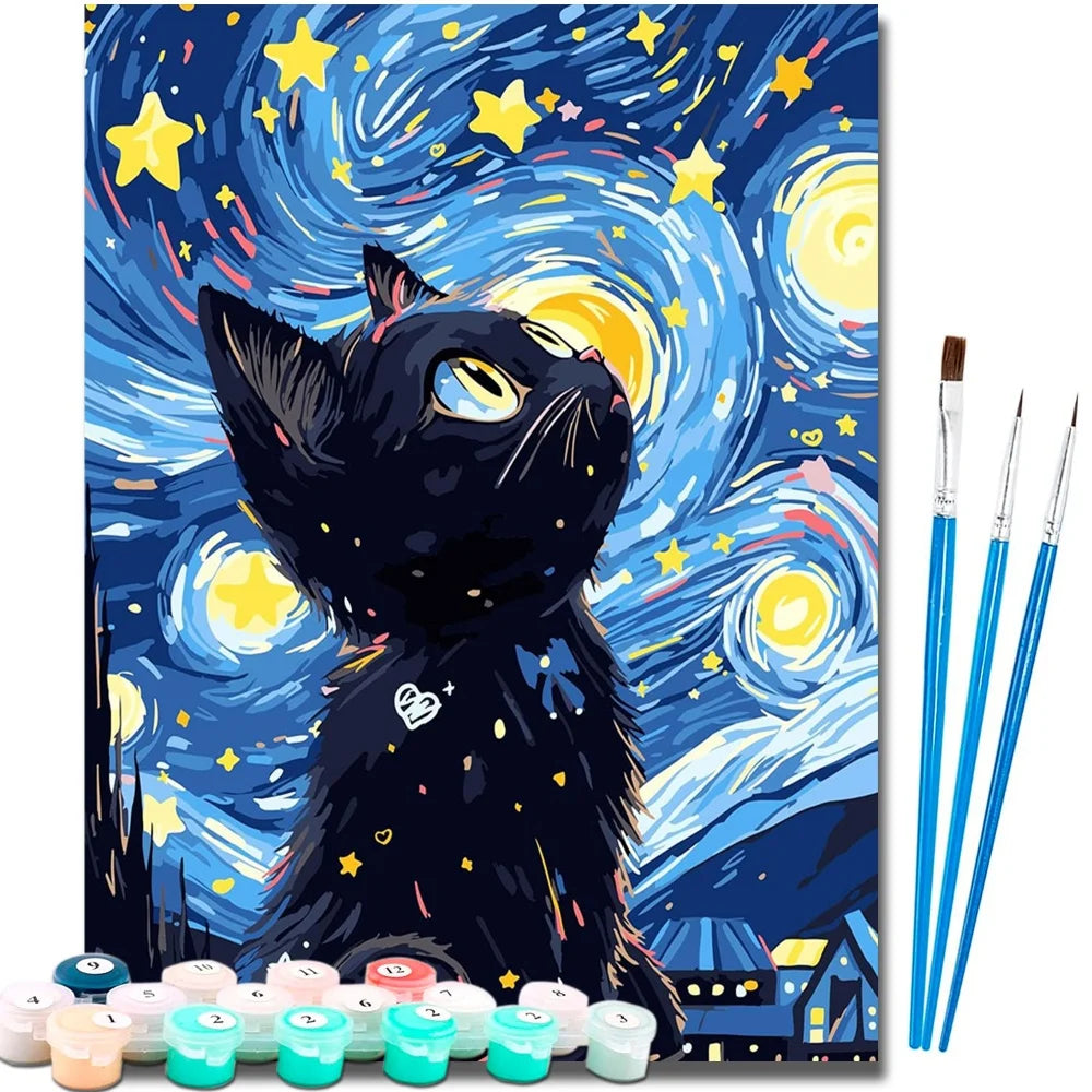 Cat in Van Gogh Starry Night Diy Art Paint By Numbers