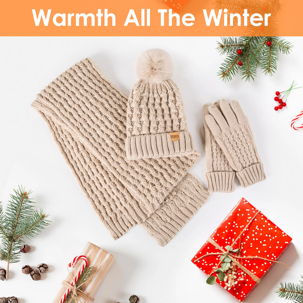 Womens Winter Beanie Hat Touchscreen Gloves Long Neck Scarf Set