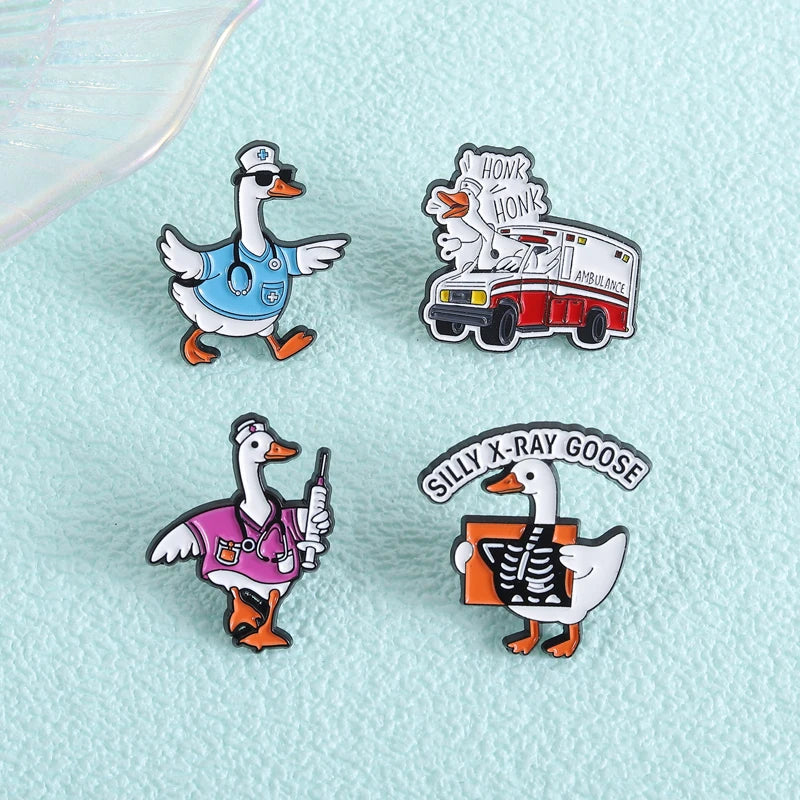 Medical Goose Brooch Enamel Pin Goose Doctor Stethoscope Syringe Silly X-Ray Goose Brooches Lapel Badge Jewelry Gift for Friends