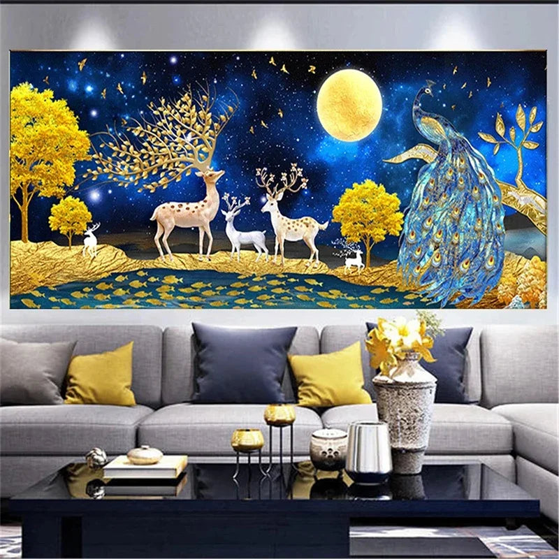 Elk Peacock 5D Diamond Painting Landscape Full Diamond Embroidery Diamond Cross Stitch Kits.