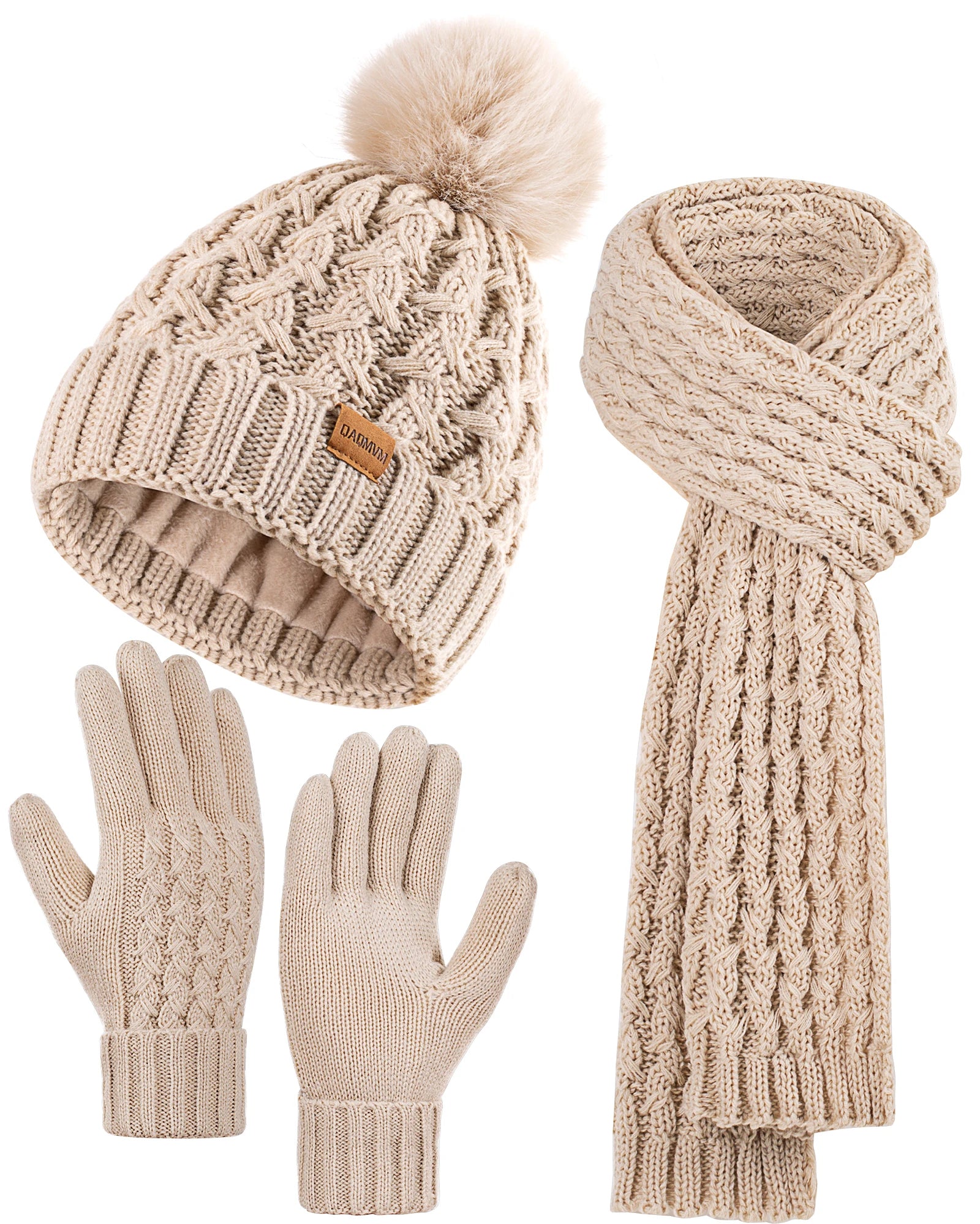 Womens Winter Beanie Hat Touchscreen Gloves Long Neck Scarf Set