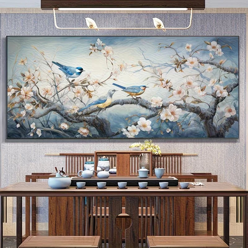 White Flowers Birds Branch Tree Landscape DIY Diamond Painting Round Crystal Art for Home Decor.